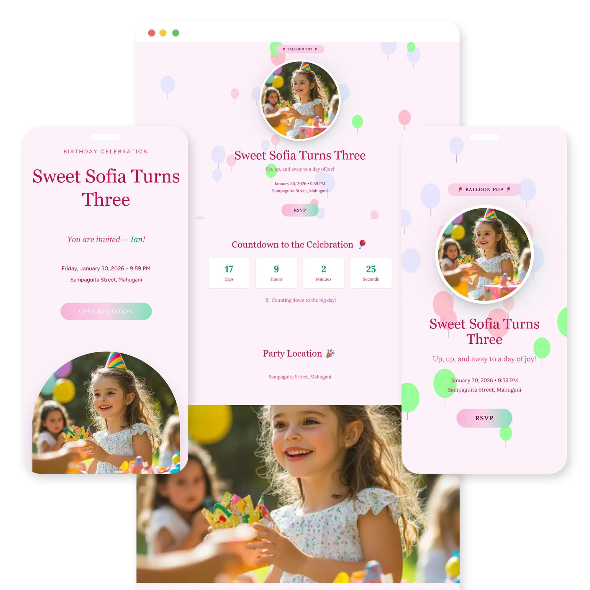 Balloon Pop birthday invitation template preview