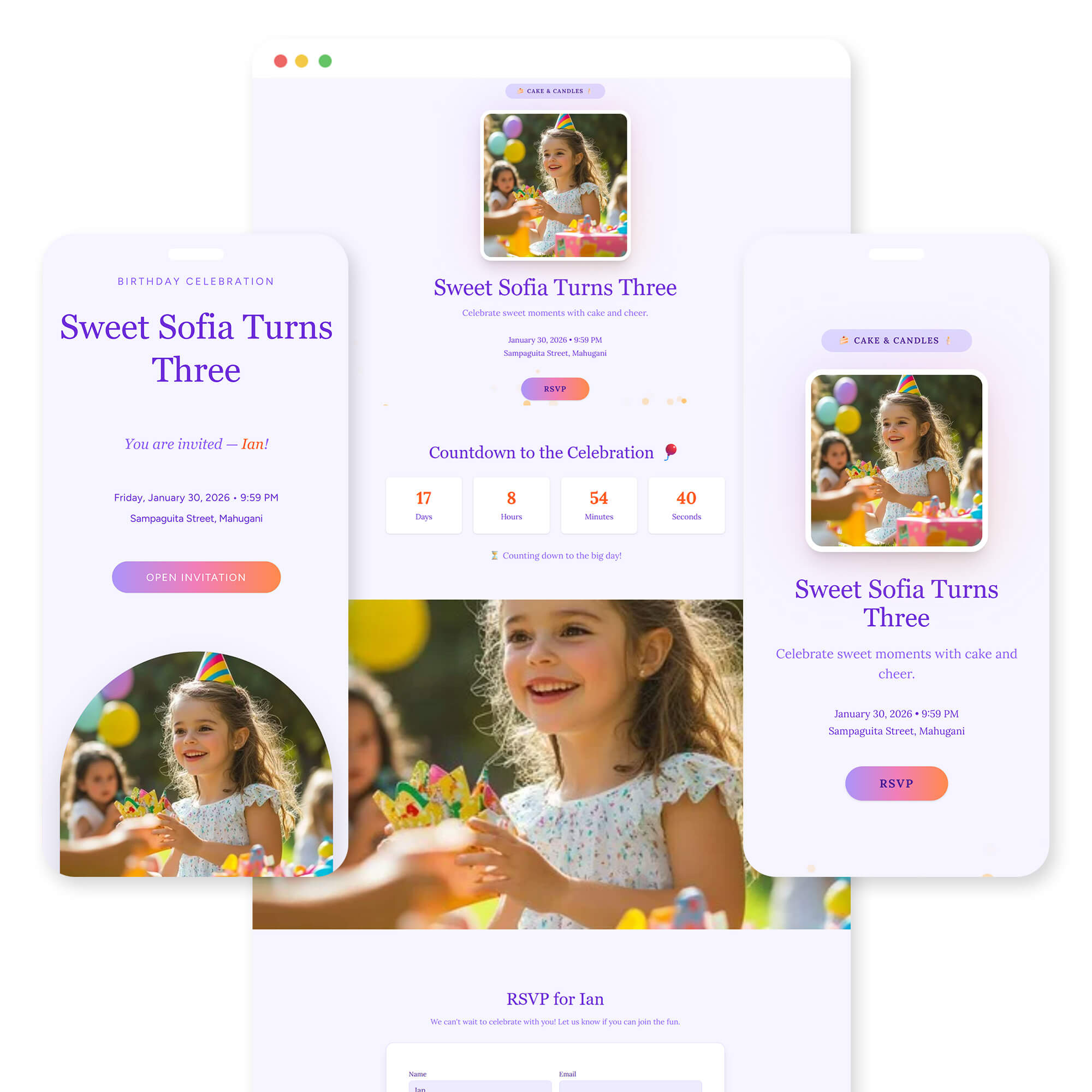 Cake & Candles birthday invitation template preview
