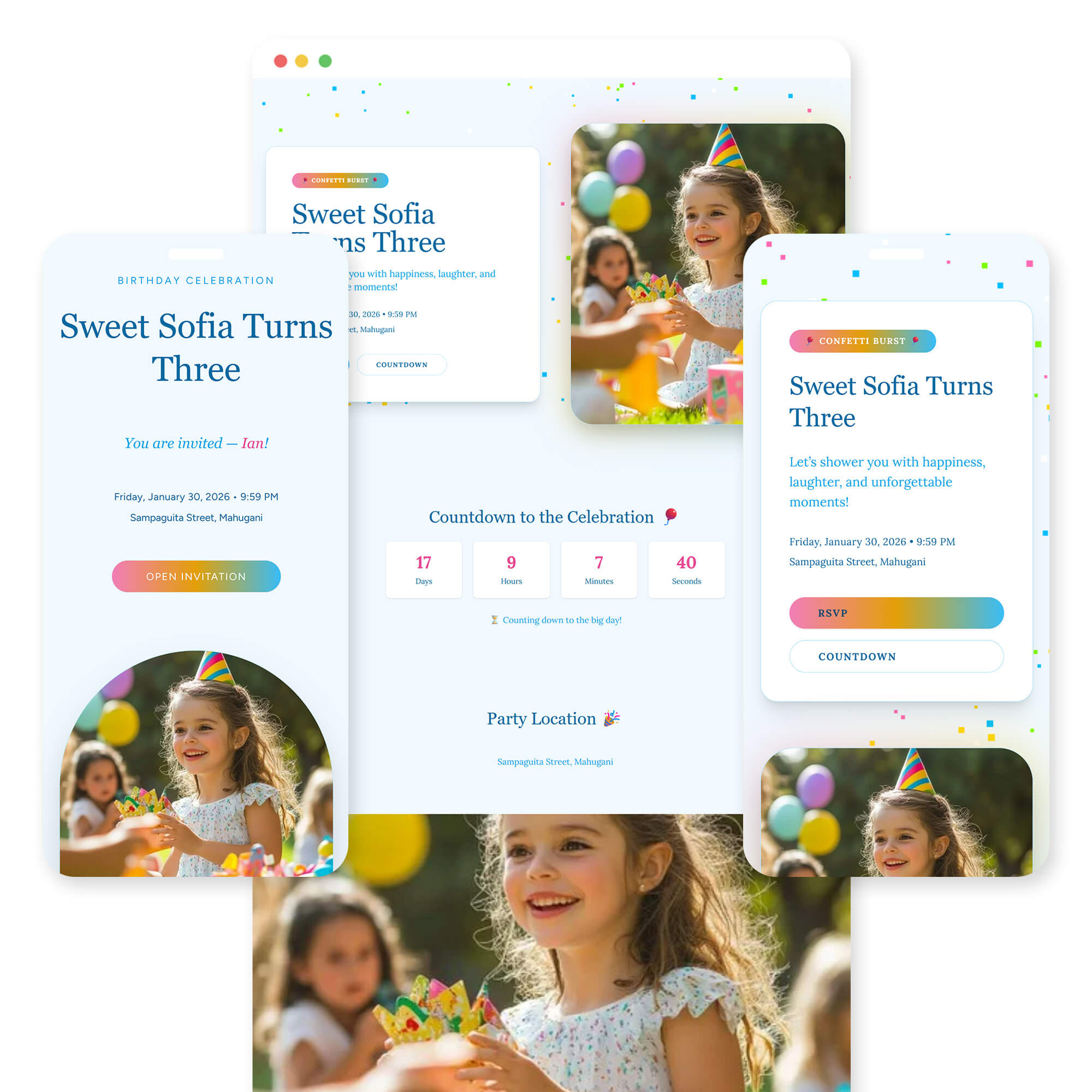 Confetti Burst birthday invitation template preview