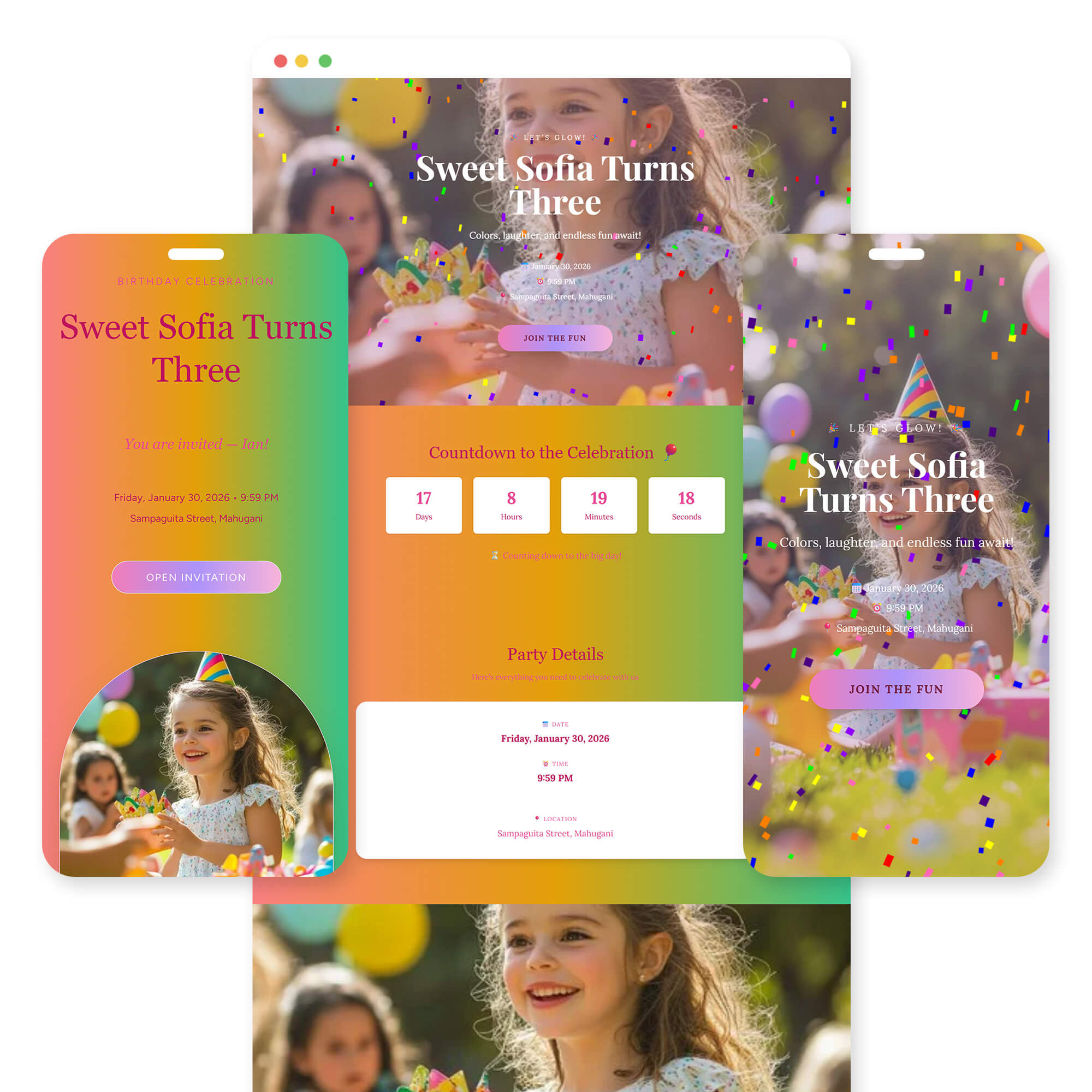 Rainbow Glow birthday invitation template preview