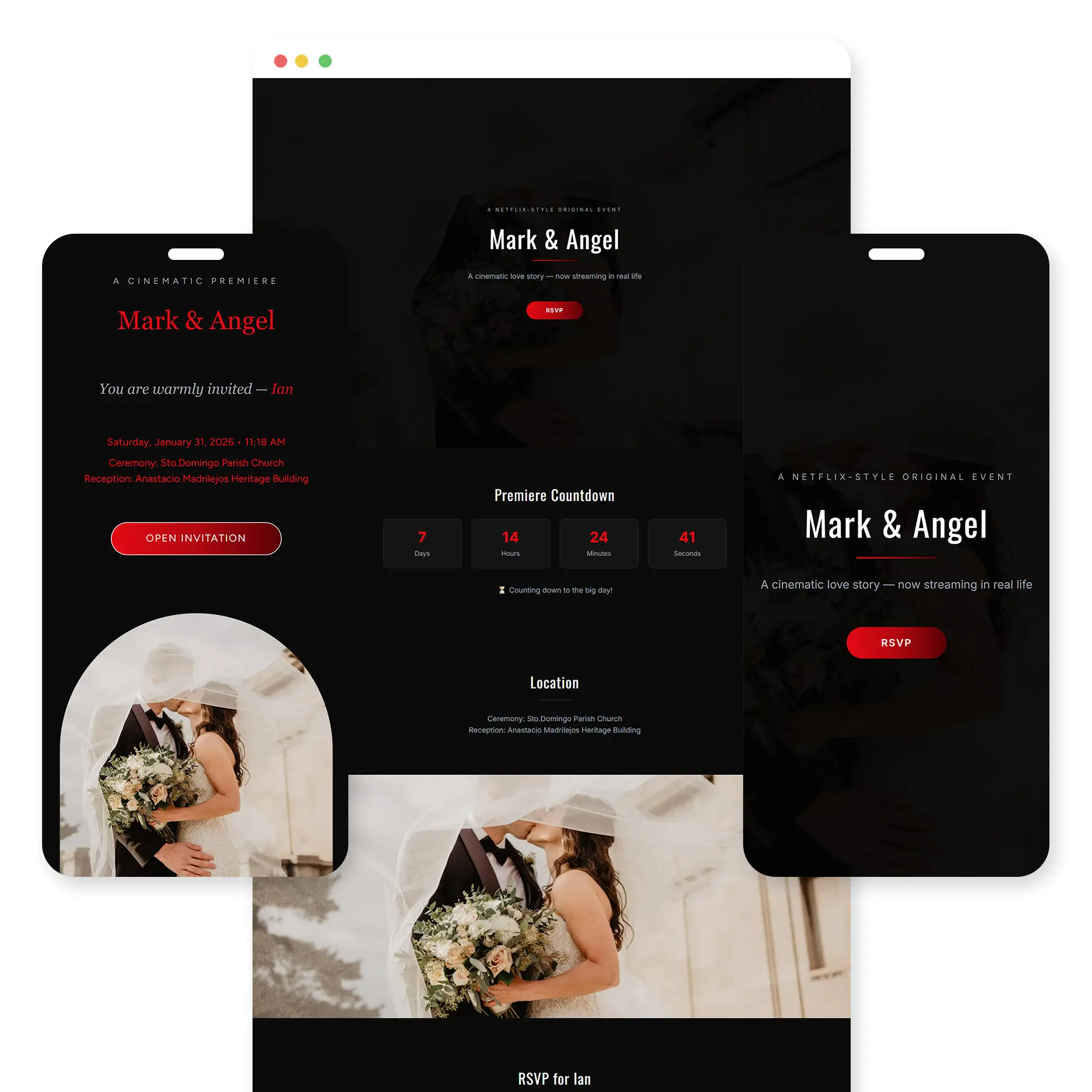 Red Curtain wedding invitation template preview
