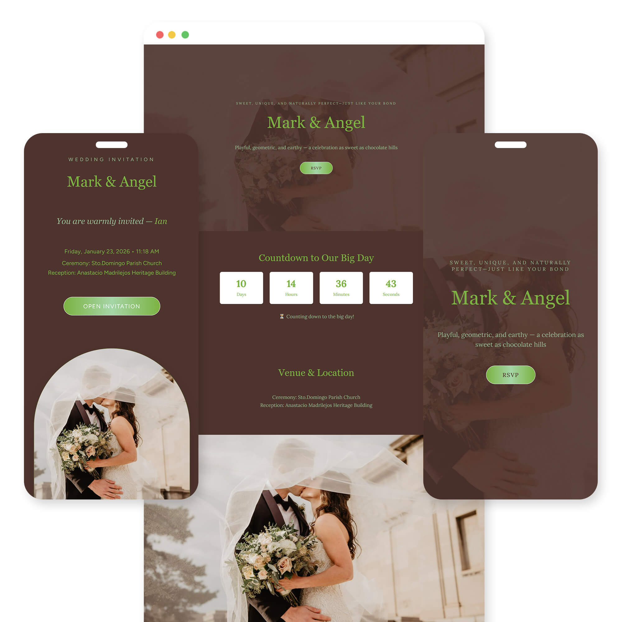 Tsokolate wedding invitation website template preview - with RSVP, guestbook, seating, and gift registry